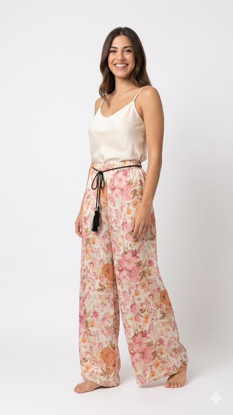 Floral Wide-Leg Pants με Boho Ζώνη | C&M