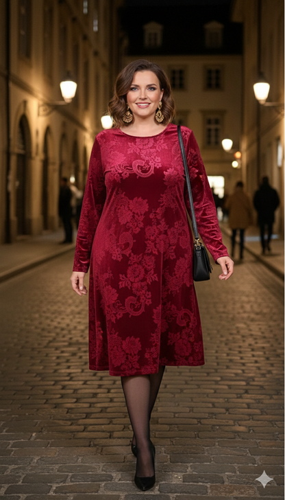 Μπορντό Βελούδινο Plus Size Φόρεμα Burnout Devoré Φλοράλ | C&M
