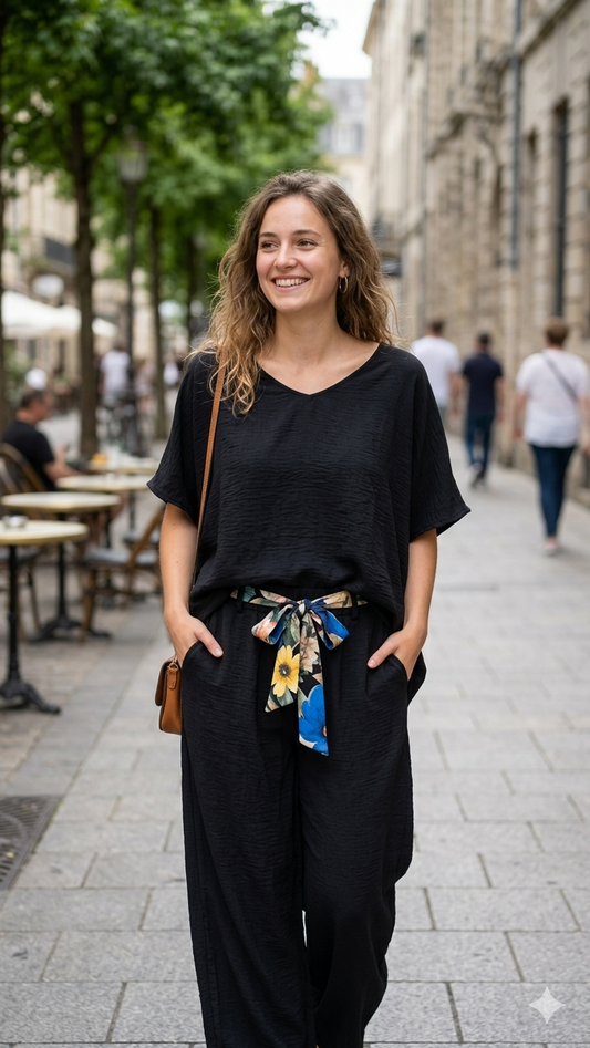 Total Black Σετ με Floral Λεπτομέρειες & Crinkle Υφή  |C&M