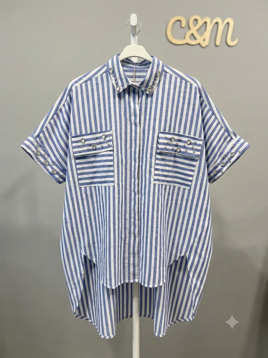 Ριγέ Oversized Πουκάμισο με Strass & Λαμπερές Λεπτομέρειες | C&M