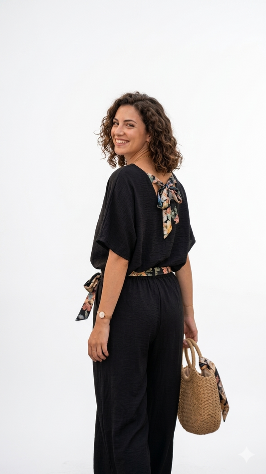 Total Black Σετ με Floral Λεπτομέρειες & Crinkle Υφή  |C&M