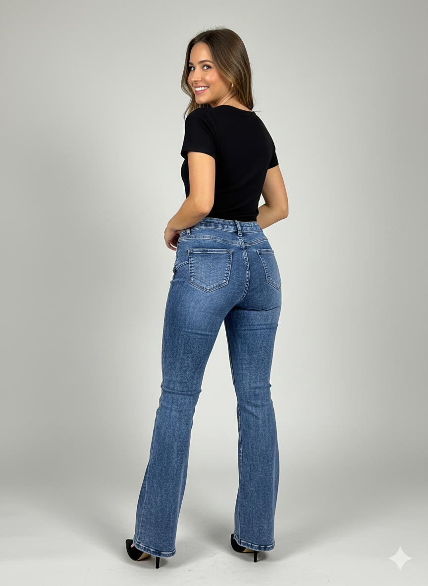Μπλε Τζιν Flare Καμπάνα Push-Up Effect Ψηλόμεσο Bootcut | C&M