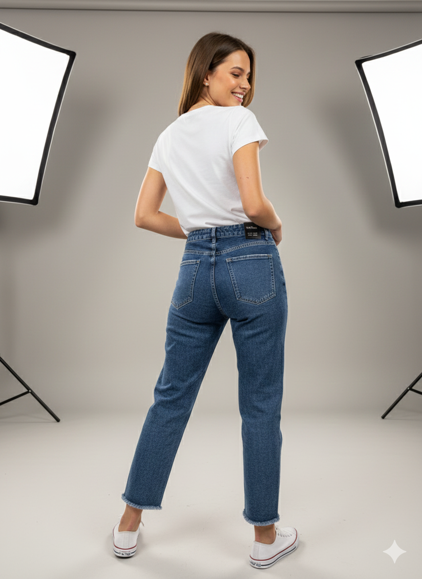 Μπλε Τζιν Παντελόνι Mom Fit Ψηλόμεσο Raw-Cut Cropped | C&M