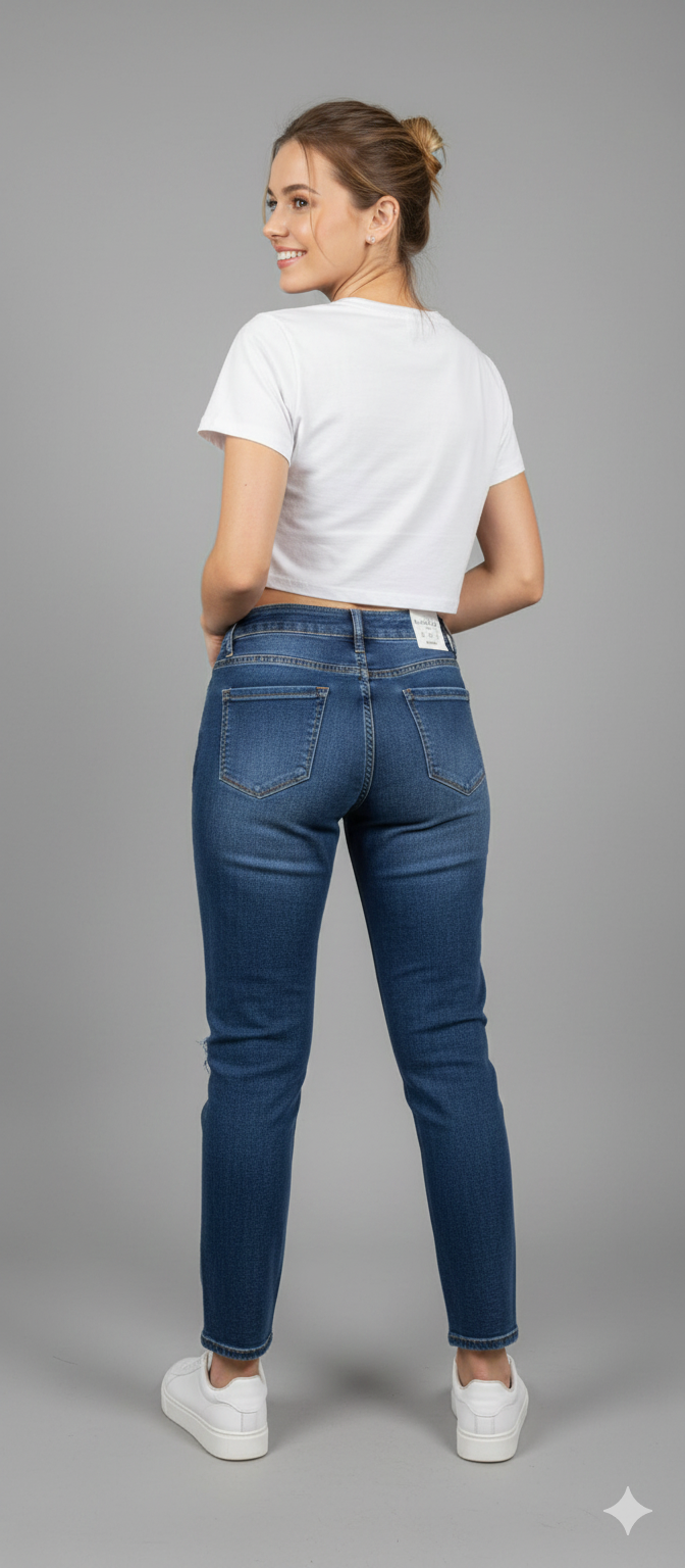 Σκούρο Μπλε Τζιν Mom Fit Ψηλόμεσο Distressed | C&M