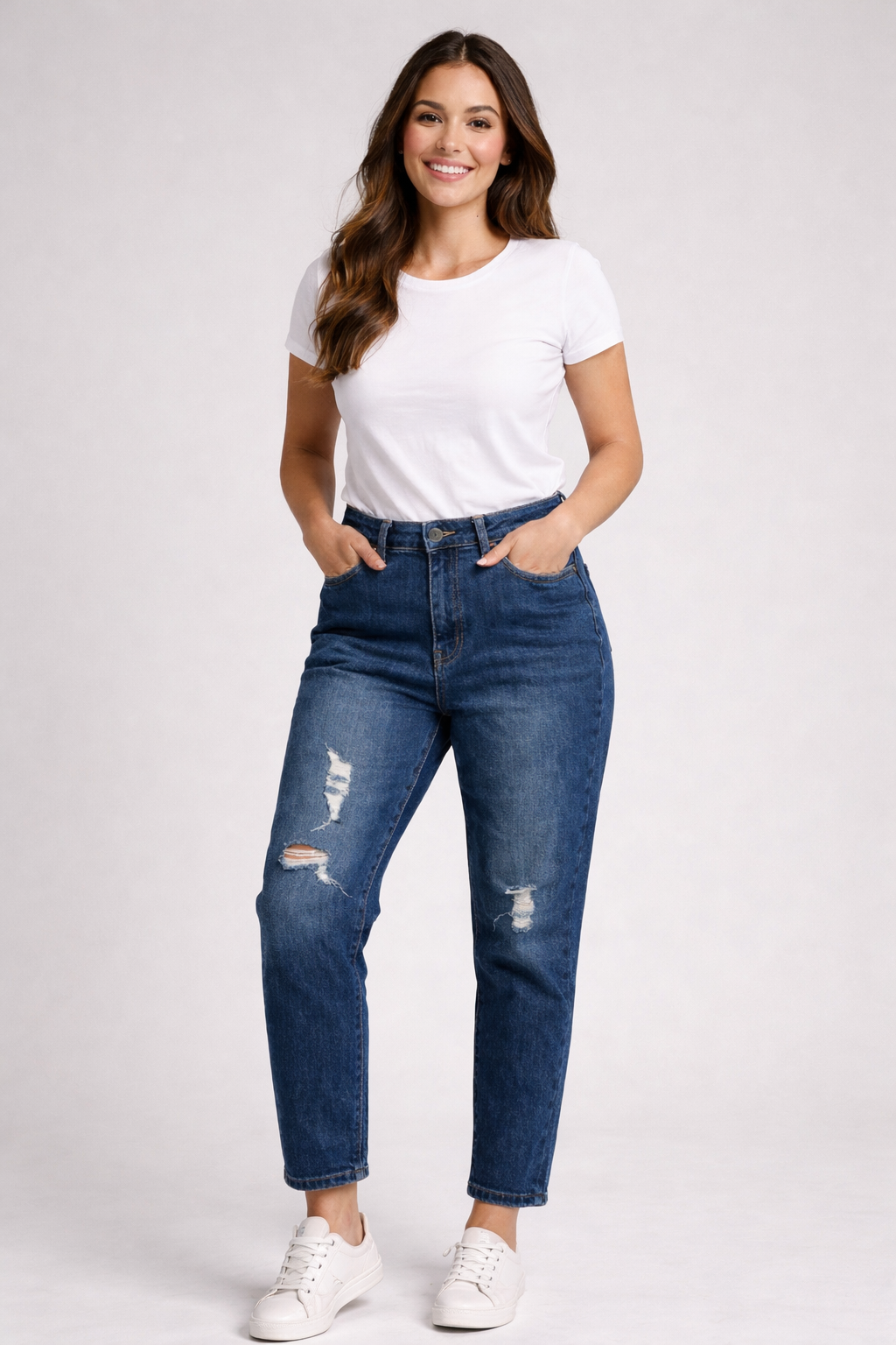 Σκούρο Μπλε Τζιν Mom Fit Ψηλόμεσο Distressed | C&M