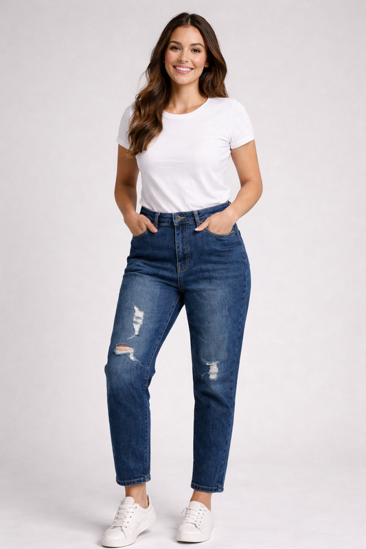 Σκούρο Μπλε Τζιν Mom Fit Ψηλόμεσο Distressed | C&M