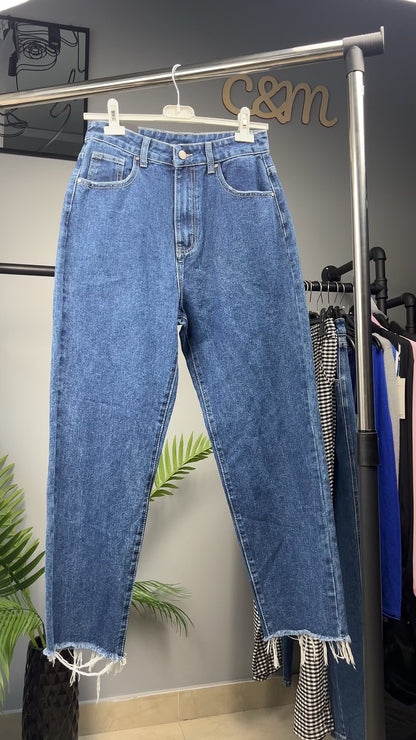 Μπλε Τζιν Παντελόνι Mom Fit Ψηλόμεσο Raw-Cut Cropped | C&M