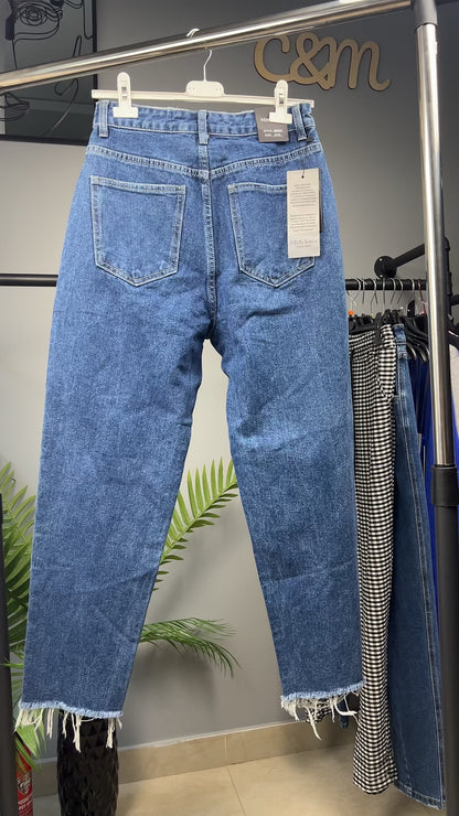Μπλε Τζιν Παντελόνι Mom Fit Ψηλόμεσο Raw-Cut Cropped | C&M