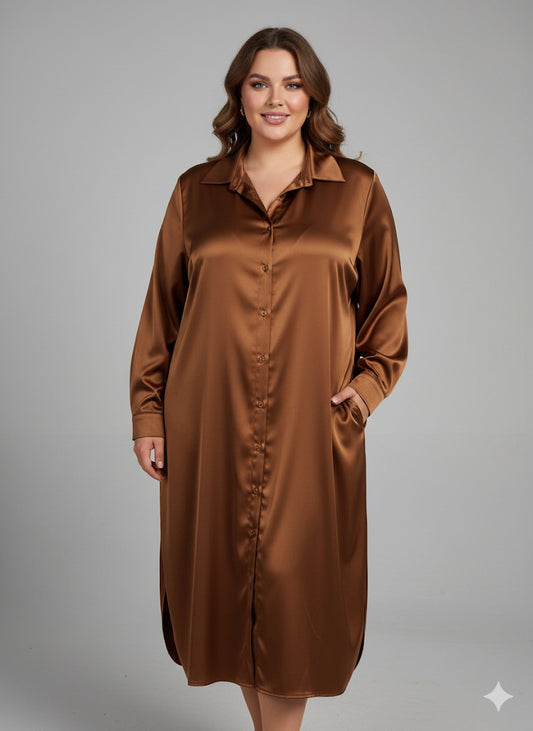 Χάλκινο Σατέν Πουκάμισο Φόρεμα Midi Μπρονζέ Shirtdress | C&M