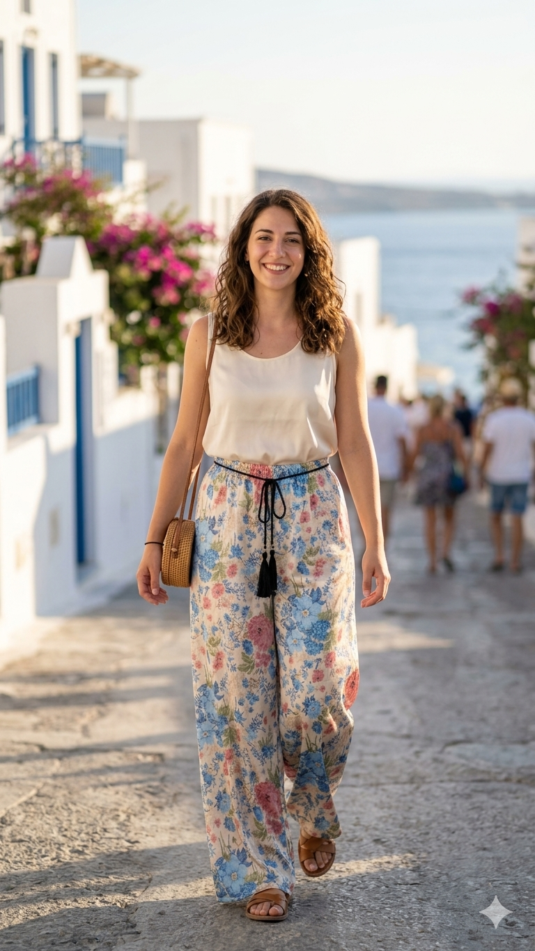 Γυναίκα με καστανά σπαστά μαλλιά ποζάρει σε παραδοσιακό οικισμό με λευκά σπίτια και θέα τη θάλασσα, συνδυάζοντας τη φλοράλ παντελόνα με ένα απλό λευκό τοπ και ψάθινη τσάντα.