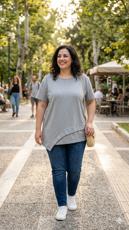Χαμογελαστή γυναίκα που περπατά σε πλακόστρωτο δρόμο με δέντρα, φορώντας γκρι μπλούζα με ασύμμετρο κόψιμο, τζιν παντελόνι και ψάθινη τσάντα χιαστί.