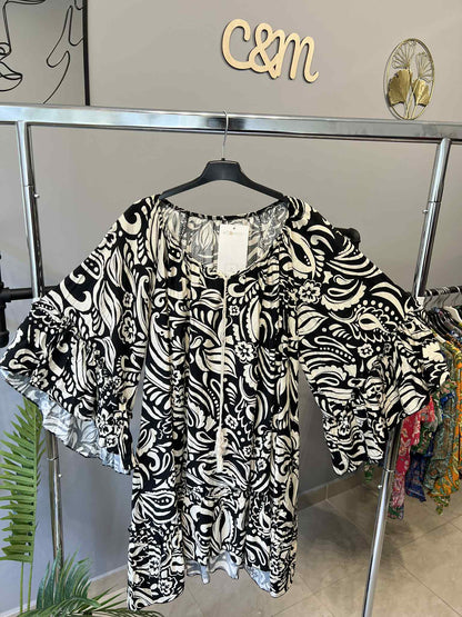 Εντυπωσιακό Καφτάνι Paisley Βολάν Μαύρο Κρέμ Viscose | C&M