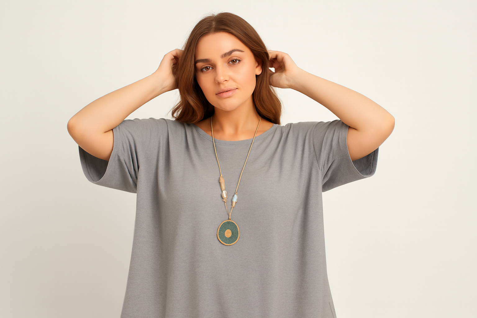 Model with hands in hair showing natural fabric draping